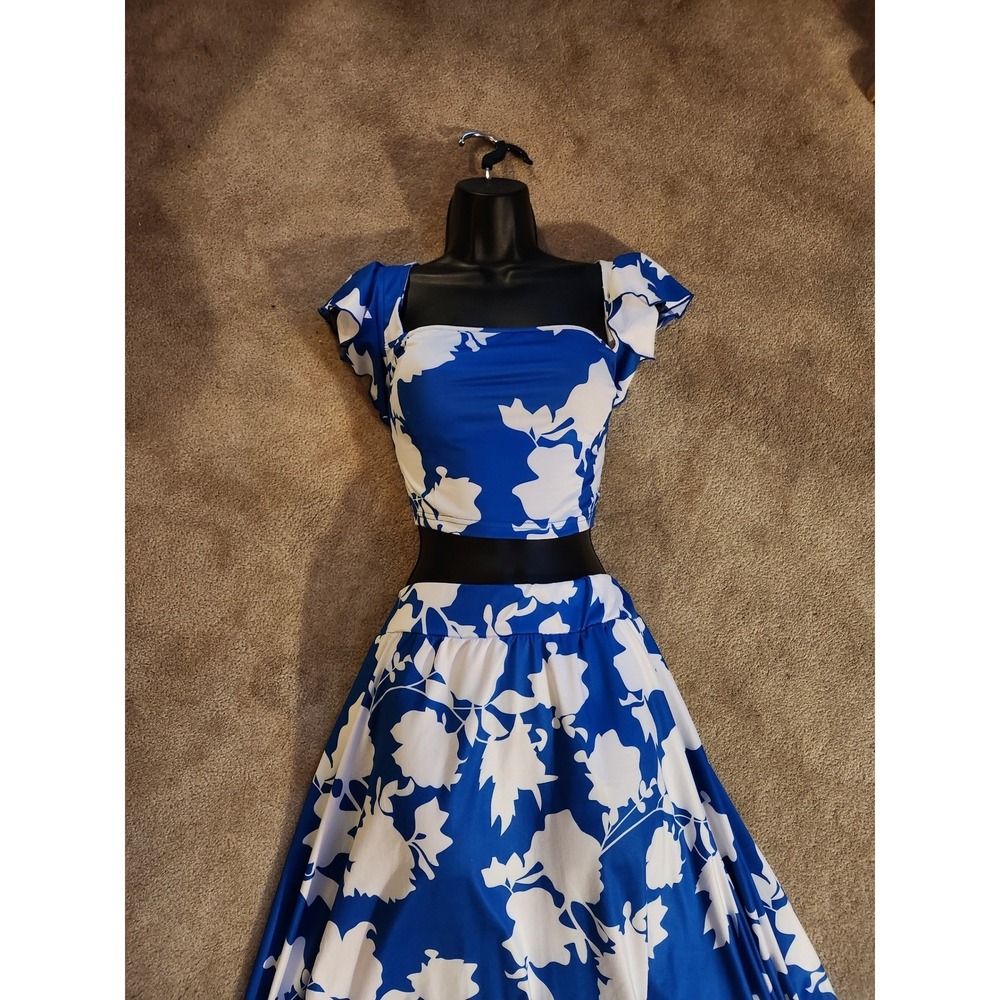 Blue White Floral Two Piece Maxi Skirt Set Cap Sleeve Crop Top XXL